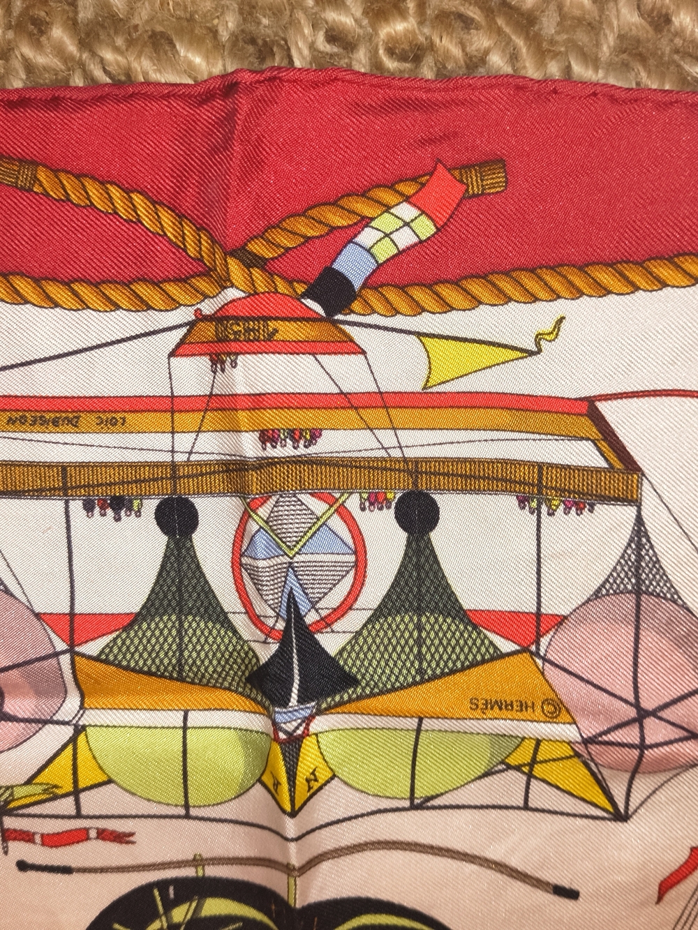 Hermes Multicolor Balloon and Nautical Print Silk Scarf with Red Border - Picture 4 of 9